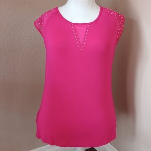 Belldini Women's Rhinestone Embellished Pink Cap Sleeve and Gold Back Zippe Top